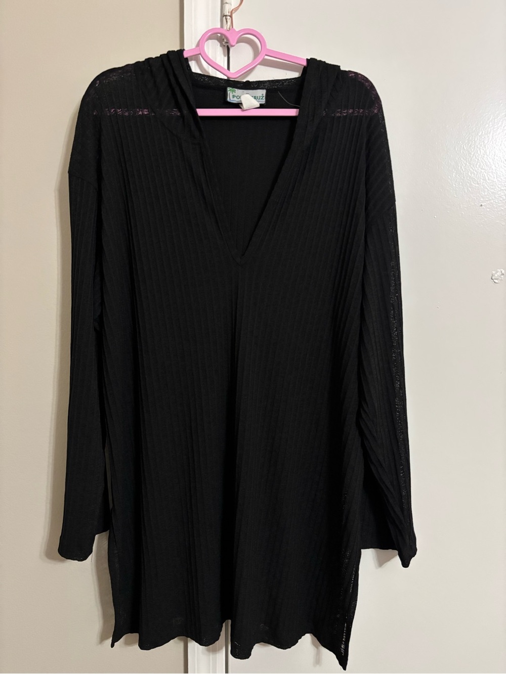 Black Ribbed V-Neck Long Sleeve Dress